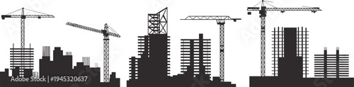 Construction site silhouette with skyscrapers and cranes on white background