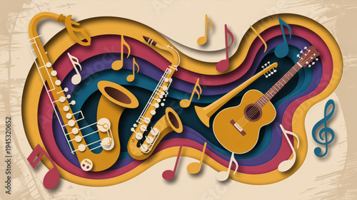 Vibrant music illustration with saxophone trumpet clarinet guitar and colorful musical notes on abstract background
