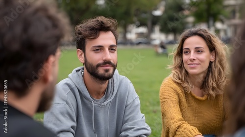 Group of young adults enjoying a conversation in a park