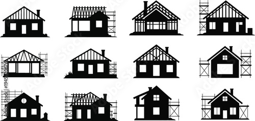 Collection of house construction silhouettes showing different stages and designs on white