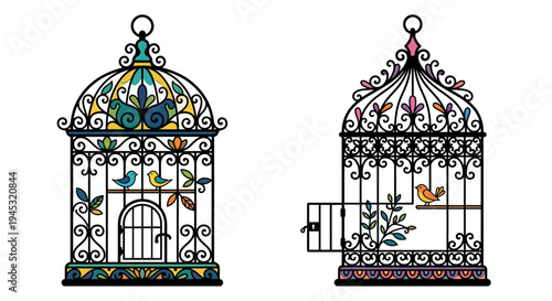 Two ornate colorful birdcages with intricate designs and perched birds