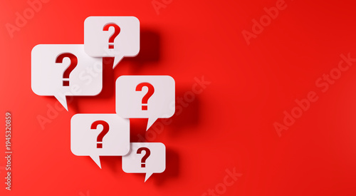 Question mark speech bubbles in front of a red wall with copy space to the right - 3D illustration