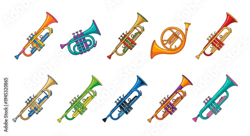 A colorful collection of various brass instruments displayed on a white background