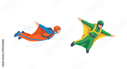 Two wingsuit flyers soar through the air in a dynamic illustration