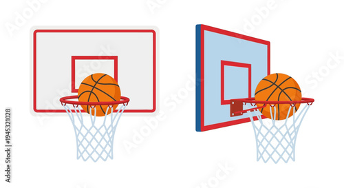 Two basketball hoops with an orange ball in each net