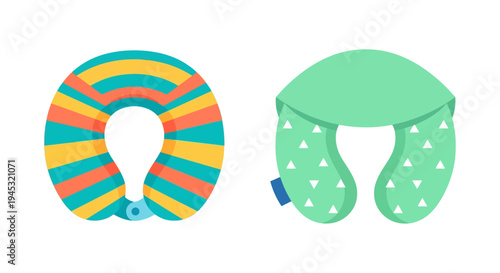 Two colorful travel pillows one striped and one with triangles