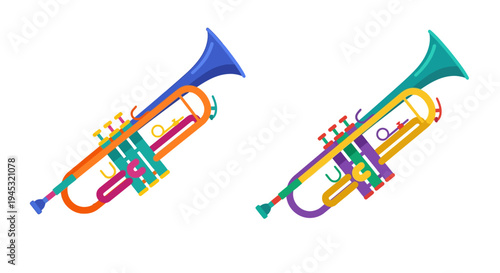 Colorful cartoon trumpets displayed against a plain white background