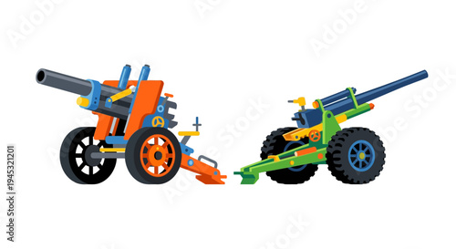 Colorful toy cannons with wheels showcasing playful mechanical designs