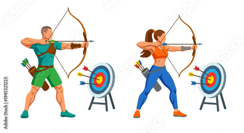 Archery practice with a male and female athlete aiming at targets