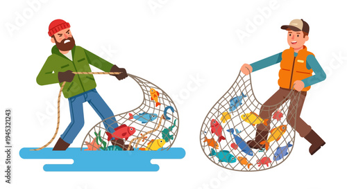 Two fishermen hauling a net filled with colorful marine life