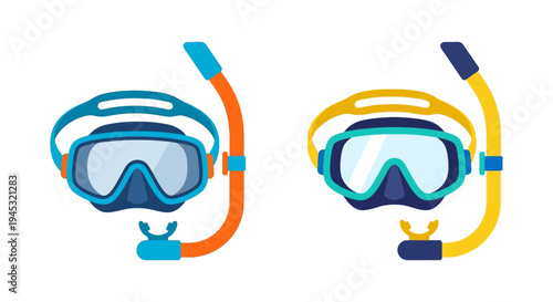 Two colorful snorkeling masks and snorkels against a white background