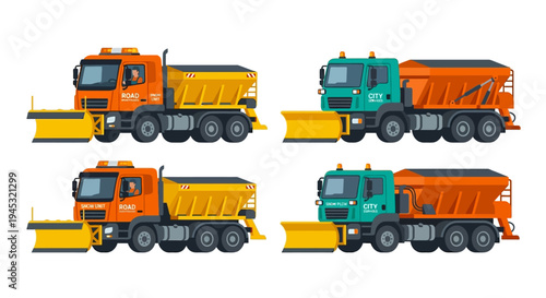 Colorful illustration of four heavy duty dump trucks with snow plows