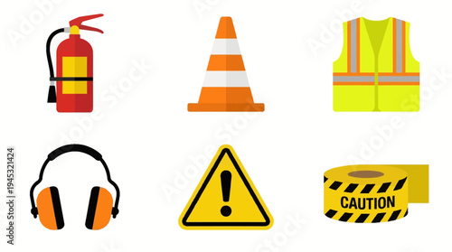 A collection of essential safety equipment and warning signs, including a fire extinguisher, traffic cone, safety vest, ear protection, warning triangle, and caution tape.