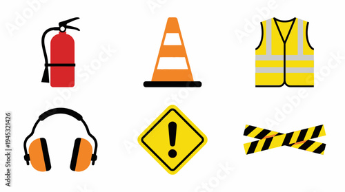 A collection of safety and construction icons including a fire extinguisher, traffic cone, safety vest, earmuffs, warning sign, and caution tape.