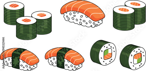 Salmon sushi vector illustration set with nigiri and maki rolls, Japanese seafood cuisine collection with rice, seaweed and salmon slices
