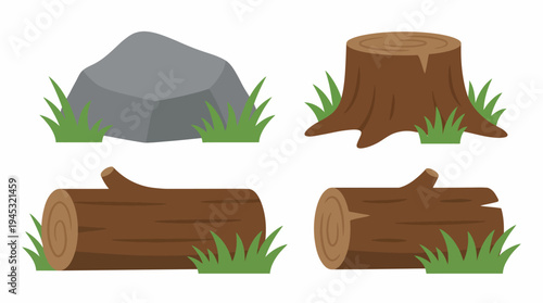 Illustration of natural outdoor elements including a grey rock, a tree stump, and two cut logs with green grass.