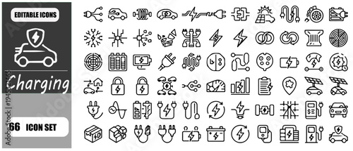 Sustainable Electric Vehicle Charging Icon Set, Eco-Friendly Car Power Station Vector Line Art, Green Mobility and Renewable Energy Icons for E-Mobility, Smart Grid, and Solar Powered Transpor