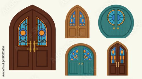 A collection of five stylized arched doors with intricate stained glass designs, featuring various colors and architectural details.