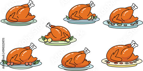 Roasted whole chicken vector illustration set with baked turkey dishes on plates, delicious roasted poultry meal collection for restaurant menu and holiday food design