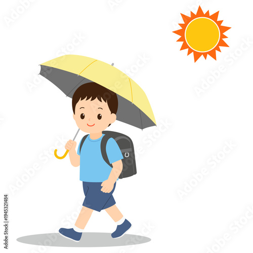 日傘をさして登下校する男の子