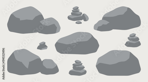 A collection of grey rocks and stone cairns in a flat, minimalist illustration style on a light background.