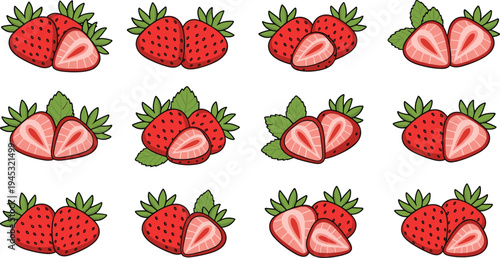 Strawberry fruit vector illustration set with whole and sliced strawberries, fresh red berry collection with leaves for dessert, healthy food and summer design