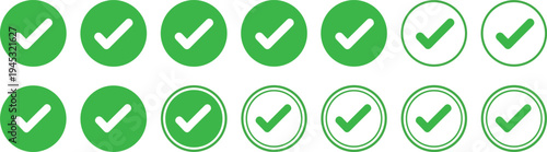 Green check mark icon set with approved tick symbols in circle badges, confirmation, verification and success indicator collection for UI and web design