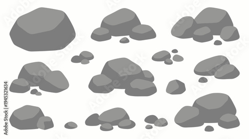 A collection of various grey rocks and pebbles in different shapes and sizes, isolated on a white background.