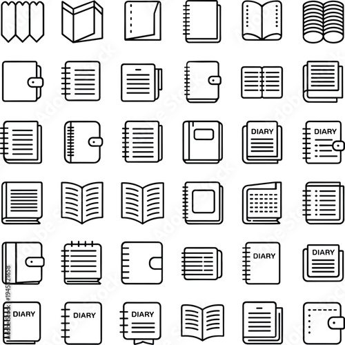 Diary and notebook icon collection representing office supplies and personal stationery in outline design