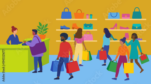 Illustration of a bustling retail store with customers shopping for handbags and shoes, featuring a cashier and multiple shoppers carrying colorful bags.