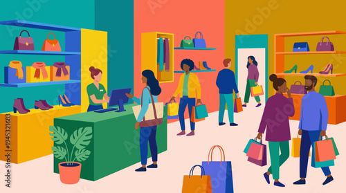 A vibrant, colorful illustration of a busy retail store with customers shopping for shoes, handbags, and clothing, attended by a sales associate at the counter.
