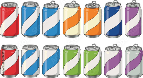 Colorful soda can vector illustration set with aluminum soft drink cans, fizzy beverage packaging mockup collection for branding, refreshment and product design