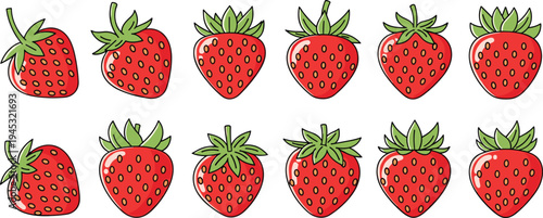Strawberry fruit vector illustration set with fresh red strawberries and green leaves, juicy berry collection for healthy food, dessert and organic farming design