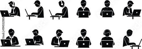 People working on laptop silhouette icon set with remote workers, freelancers and office employees using computers for online work and technology concept