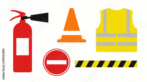 Collection of essential safety equipment and warning signs for construction sites and emergency preparedness.