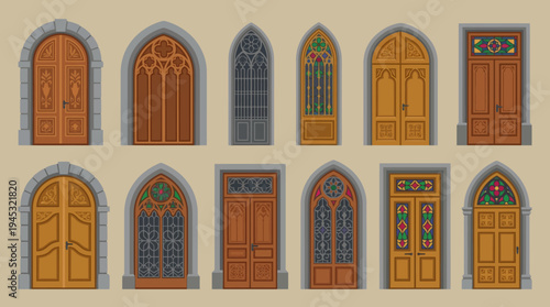 Collection of various ornate arched doors with gothic and medieval architectural styles, featuring intricate carvings and stained glass details.