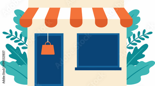 Illustration of a small business storefront with an awning, door, window, and a hanging shopping bag, surrounded by green foliage.