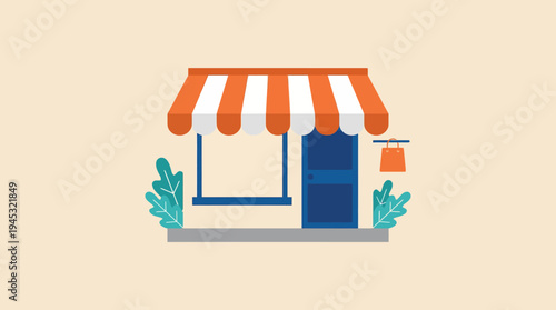 A charming flat design illustration of a small business storefront with an orange and white striped awning, blue door, and decorative plants.