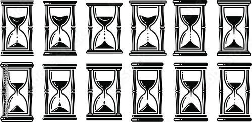 Hourglass timer icon set in vintage style showing sand clock countdown symbols, time management, deadline, productivity and passing time concept collection