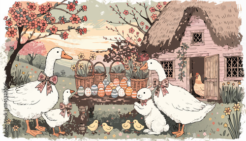Vintage Easter Holiday Vector Illustration Featuring Geese, Bunny, and Baskets of Decorated Eggs in a Picturesque Spring Farmhouse Garden for Seasonal Greeting Cards and Marketing