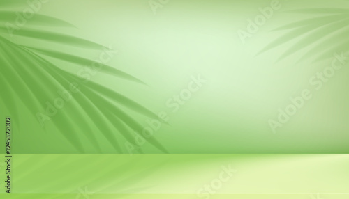Green cosmetic background,Palm leaf shadow on green wall and floor stand podium.Studio scene,Nature light texture,abstract shadow leaves.Vector product display banner,Skincare branding,Spa beauty