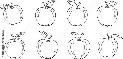 Apple fruit outline icon set with different apple shapes and leaves, healthy food symbol collection for organic farming, nutrition and grocery design