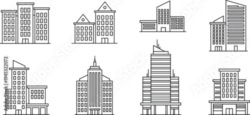 City building line icon set with modern office towers, urban architecture skyline elements, simple outline skyscraper collection for cityscape and real estate design
