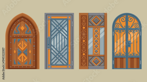 Four ornate and decorative entrance doors with intricate patterns and various architectural styles.