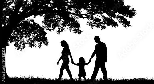 Happy Family Walking Together Silhouette - Parents and Children Holding Hands Outdoors Vector