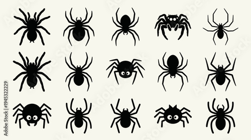 A collection of various black spider silhouettes, some with cartoon eyes, on a light background, suitable for Halloween or insect-themed designs.