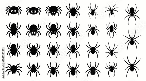 A collection of black spider silhouettes and icons in various styles, arranged in rows on a white background, suitable for Halloween or insect-themed designs.