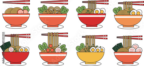 Japanese ramen bowl vector illustration set with noodles, eggs, seaweed, narutomaki and chopsticks, colorful Asian cuisine food collection in flat style