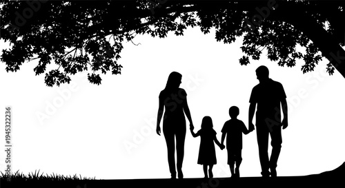 Happy Family Walking Together Silhouette - Parents and Children Holding Hands Outdoors Vector