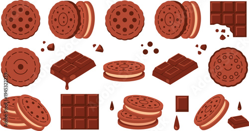 Chocolate cookies and chocolate bar vector illustration set with sandwich biscuits, cocoa dessert elements, crumbs and sweet snack collection in flat style